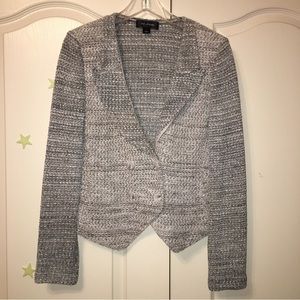 ST. JOHN Knit Jacket GRAY / WHITE / BLACK /BLUE - Sz 8 Made in USA Excellent!